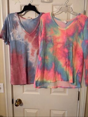 Two BiBi Multicolor Tie-Dye V-Neck Tops - Pink, Blue, Green